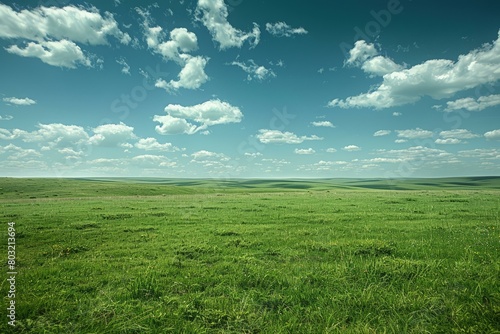 Vast green grassland under blue sky and white clouds photo