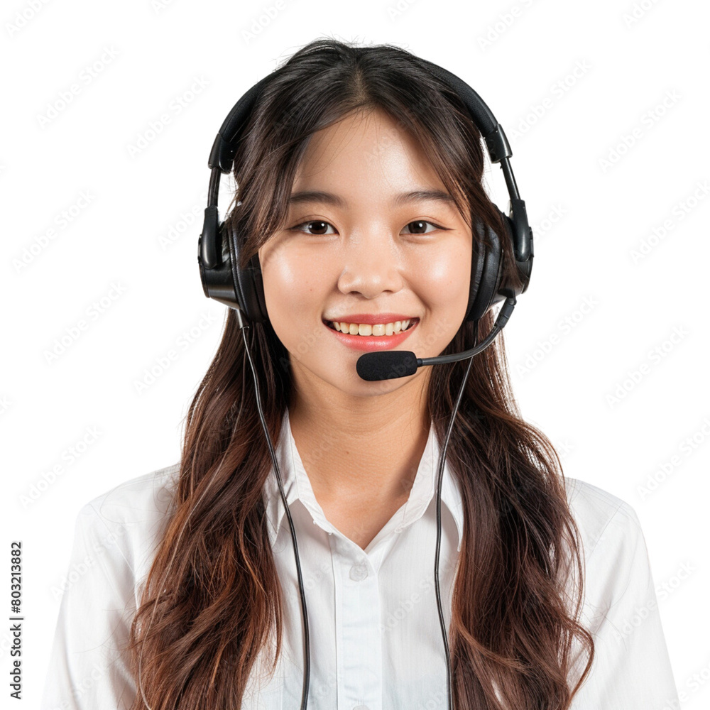 Young asian woman working as call center operator with headphones Young asian woman working as call center operator with headphones
