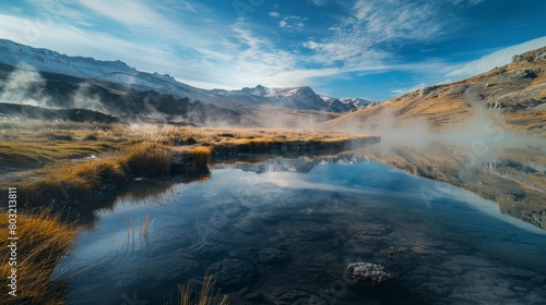 Serene morning at a foggy, mineral-rich hot spring with snowy mountains