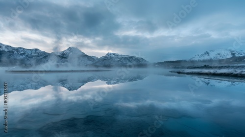 Serene morning at a foggy, mineral-rich hot spring with snowy mountains © Yusif