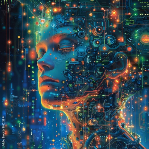 Futuristic AI Entity in Circuit Board Background with Vibrant Colors