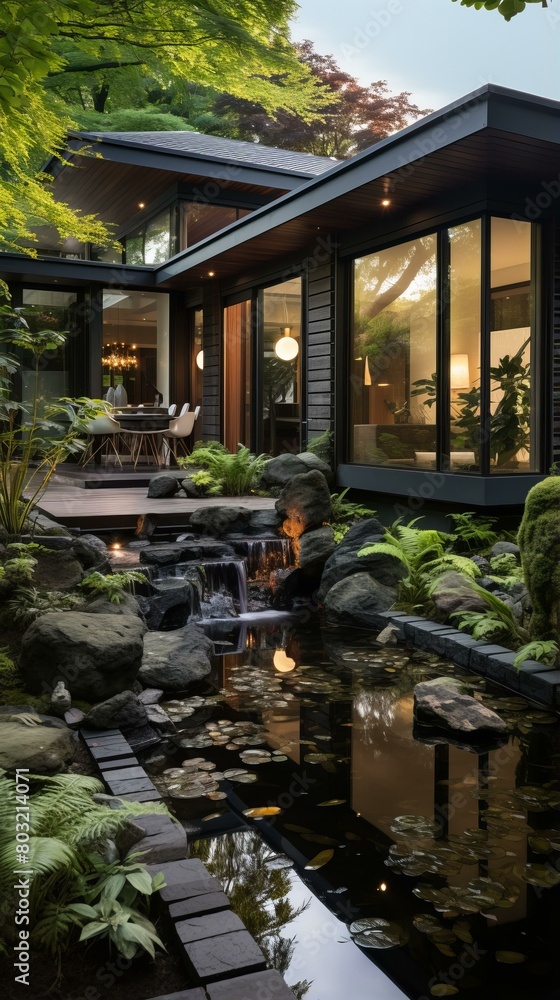 Black and wood modern house with pond