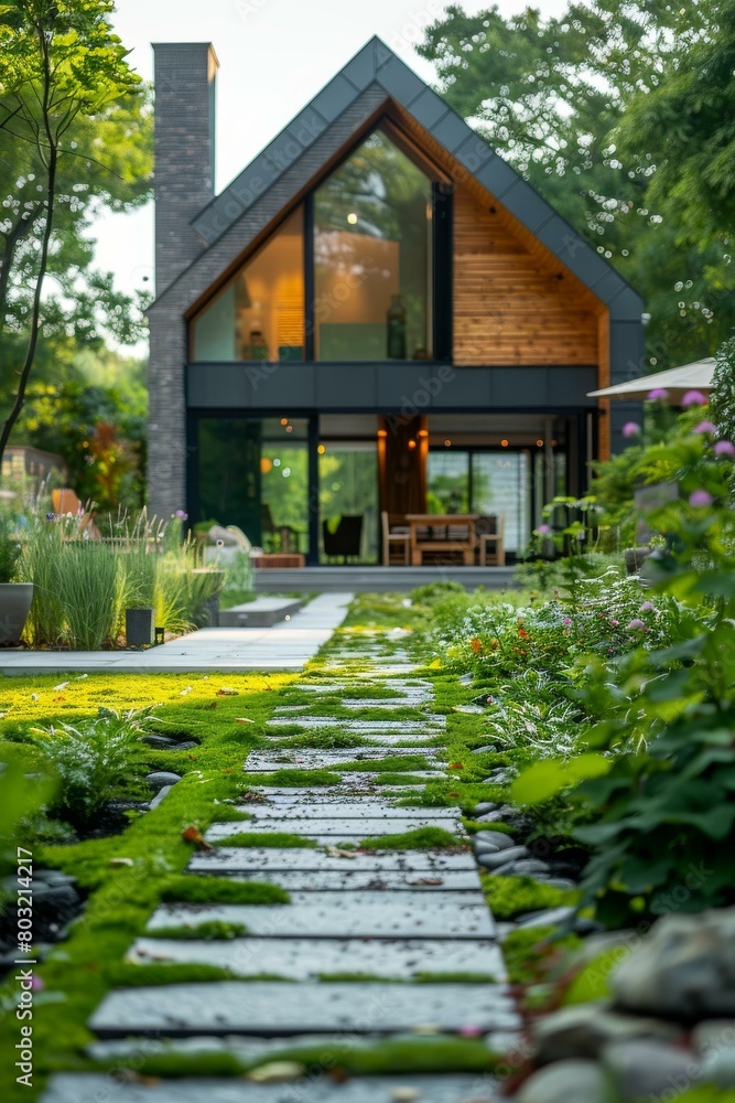Modern House Exterior With Large Glass Windows And Green Garden