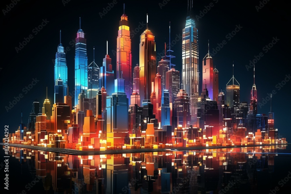 A vibrant illustration of a futuristic cityscape with skyscrapers and colorful lights reflecting on the water below