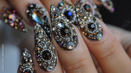 Close-up of elaborate stiletto nail art designs decorated with a variety of shiny gemstones and crystals.