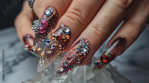 Close-up of a hand with elaborate stiletto nail art featuring sparkles and multicolored gemstones.