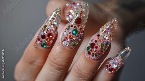 Close-up of a hand displaying elaborate stiletto nail art with colorful rhinestones and glitter.
