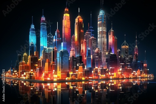 A vibrant illustration of a futuristic cityscape with skyscrapers and colorful lights reflecting on the water below