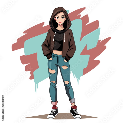 streetwear girl standing in front of a graffiti mural, wearing a mix of edgy clothing pieces like ripped jeans, a cropped hoodie, and chunky sneakers, exuding urban coolness