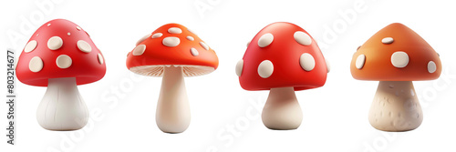 PNG mushroom 3d icons and objects collection, in cartoon style minimal on transparent, white background, isolate