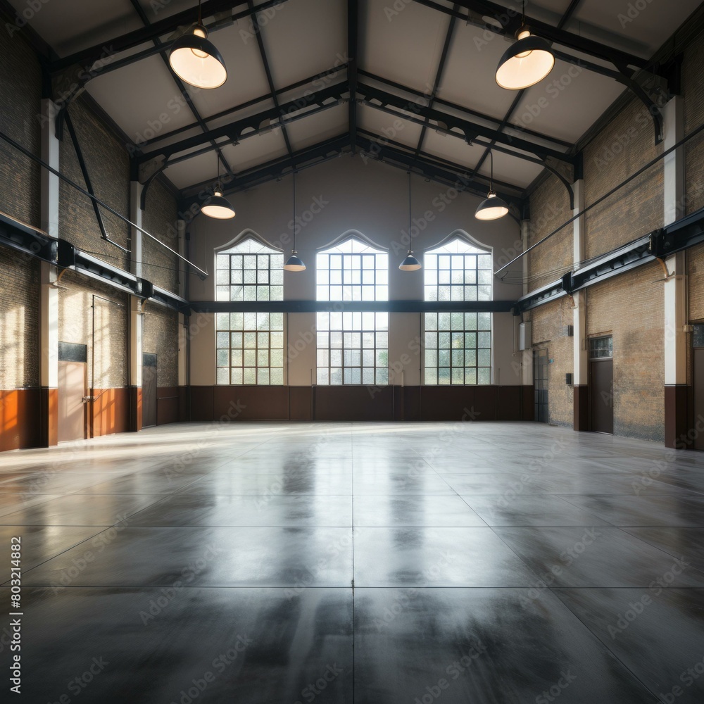 An empty warehouse with brick walls and large windows