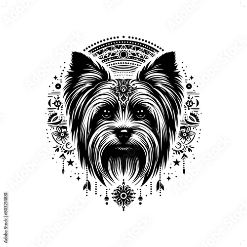 dog, Yorkshire Terrier silhouette in bohemian, boho, nature illustration