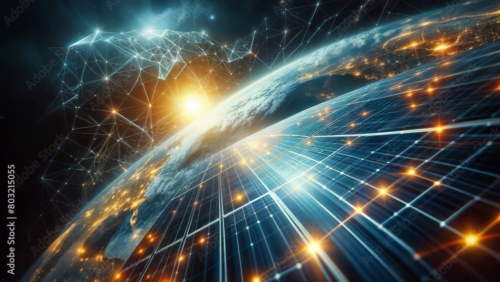A captivating image depicting a digitally connected world with glowing solar panels, a network of lines spanning the globe, and celestial elements in a futuristic blend of energy and technology. A captivating image depicting a digitally connected world with glowing solar panels, a network of lines spanning the globe, and celestial elements in a futuristic blend of energy and technology.