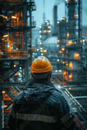 Oil refinery worker wearing hard hat looking out at the plant
