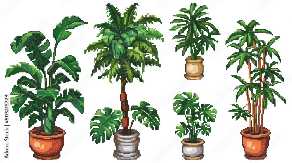 8 Bit. The image shows a variety of potted plants in isolated on transparent background