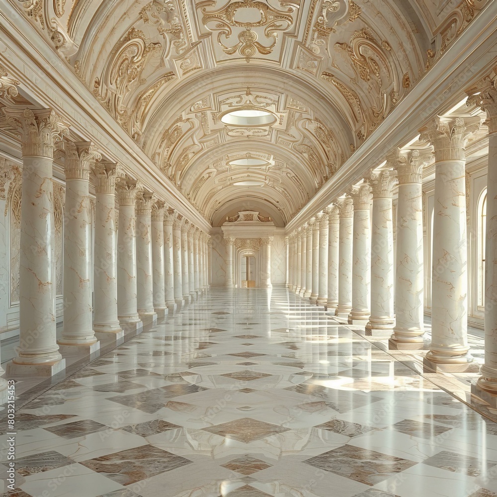 A long hallway with marble columns and a coffered ceiling