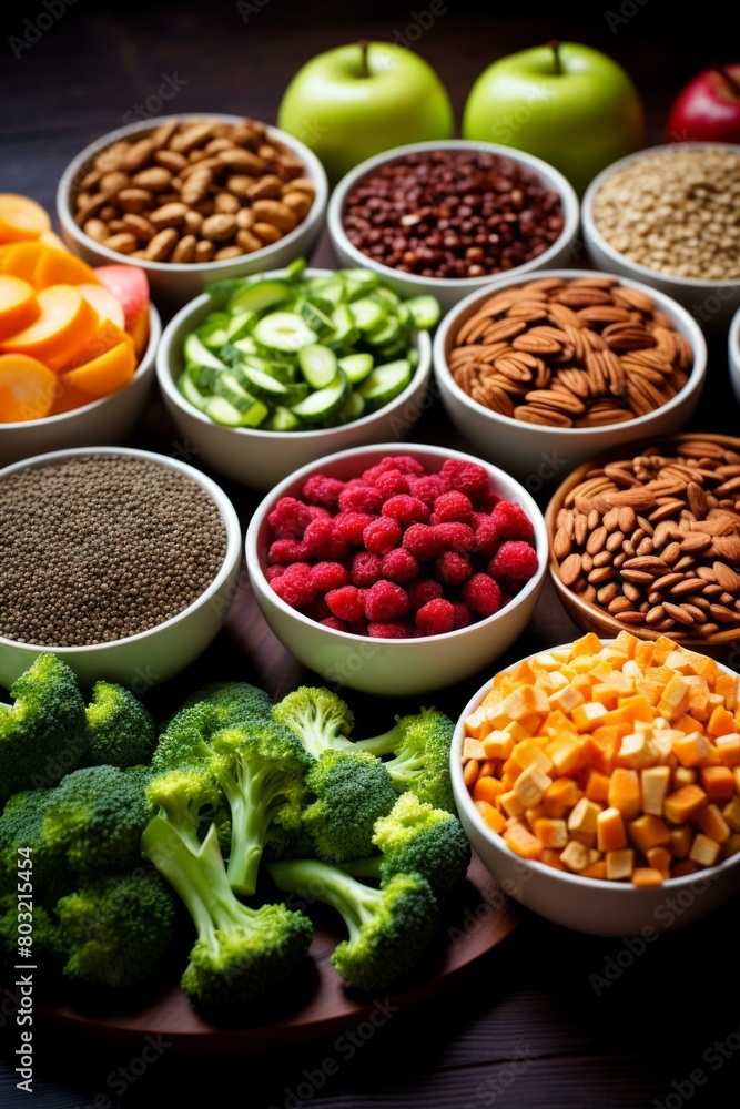 A variety of healthy food including fruits, vegetables, and grains