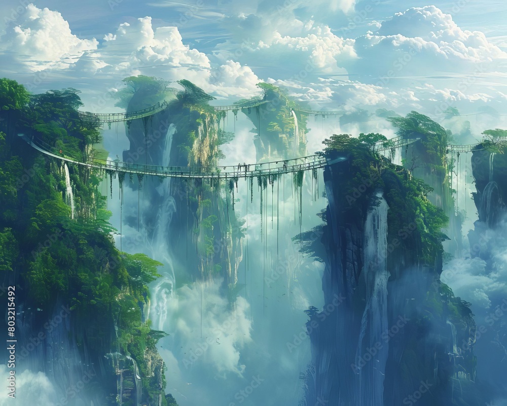 Foto de Ethereal scene of sky islands connected by rope bridges with ...