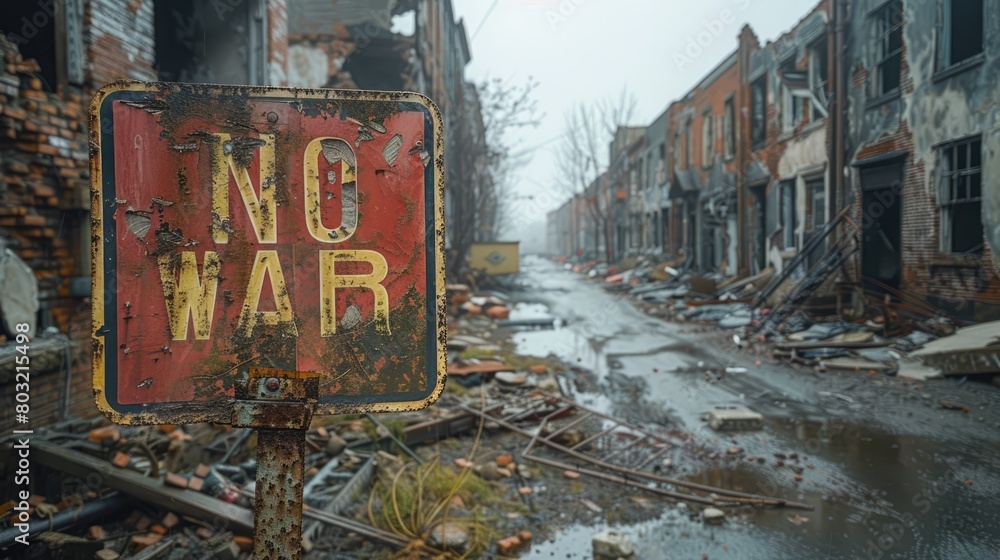 Red 'Stop War' letters are spray-painted onto a dilapidated building, standing out in a call for peace amidst the ruins.