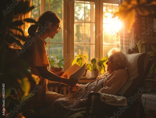 A young woman is reading to an elderly woman in a nursing home photo