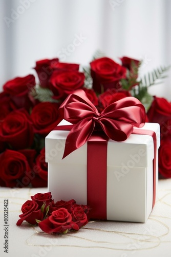 A white gift box with a red ribbon and bow sits in front of a bouquet of red roses.