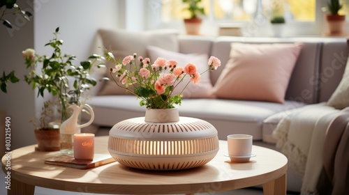 A beautiful living room with a vase of flowers on the table