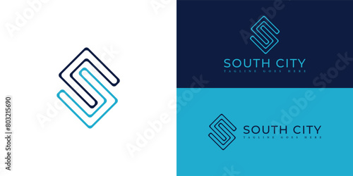 Abstract initial strips letter SC or CS logo in blue color isolated on multiple background colors. The logo is suitable for property and real estate company icon logo design inspiration templates.