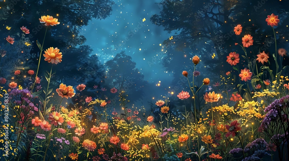 Vibrant enchanted garden scene at night, glowing with fireflies and mystical flowers