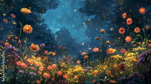 Vibrant enchanted garden scene at night, glowing with fireflies and mystical flowers © Pawankorn