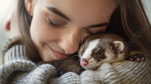 A woman cuddling with her pet ferret  experiencing the warmth and comfort that comes from the unconditional love of an animal companion.