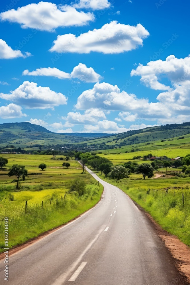 Scenic view of a rural road with green fields and blue sky