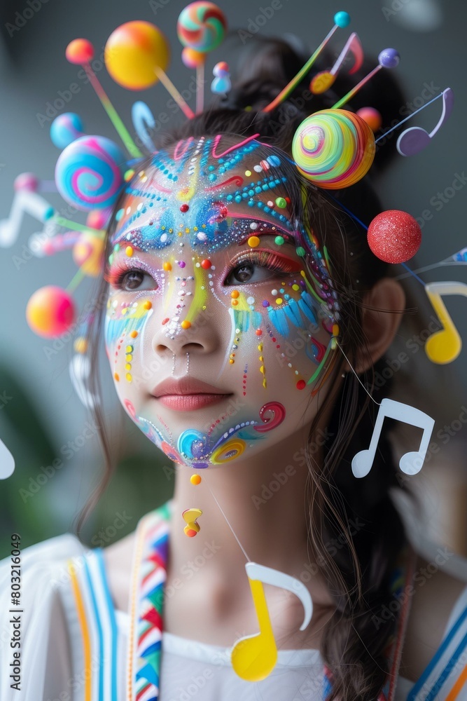 A young woman with colorful face paint and hair accessories.