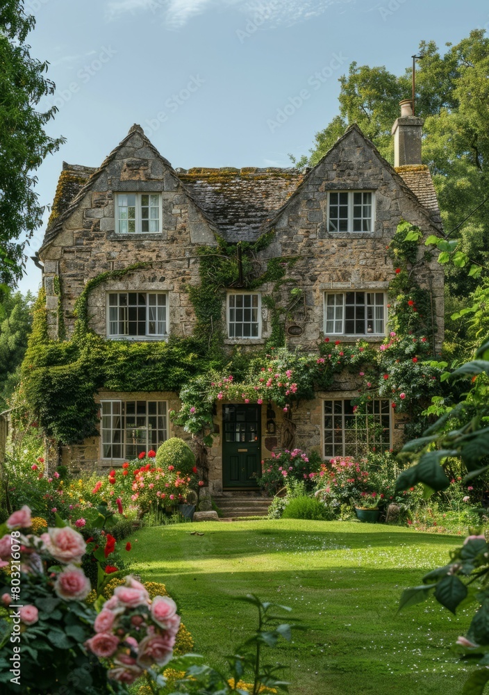 A beautiful stone cottage with a garden full of flowers