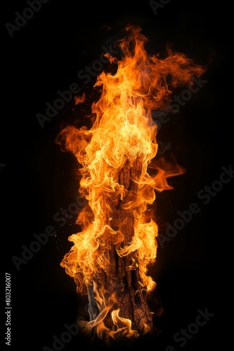 A single burning tree trunk on a black background