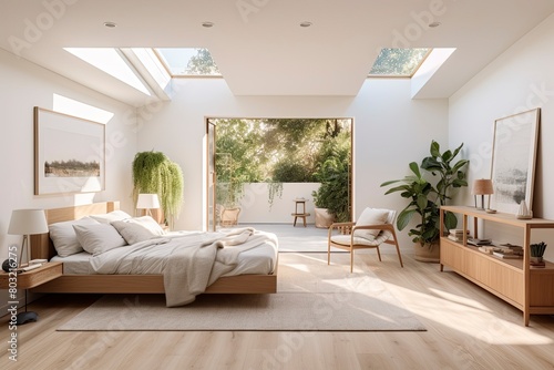 Sunny White Spacious Bedroom with Skylight and Garden View and Skylights