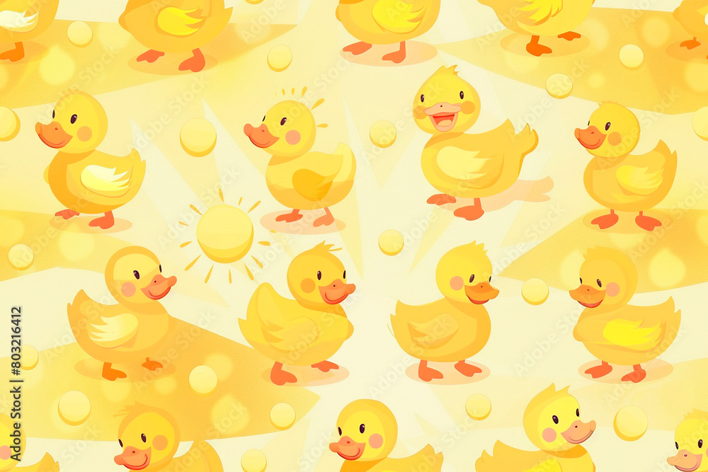 Fototapeta premium cheerful yellow rubber ducks with sunny motifs on a light background
