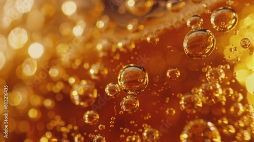 Close-up of bubbles in amber liquid