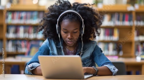 Student Studying with Headphones in Library photo
