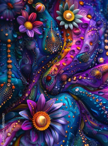 Colorful abstract painting with floral elements