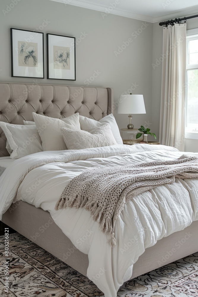 Elegant master bedroom with a tufted bed and white bedding Elegant master bedroom with a tufted bed and white bedding