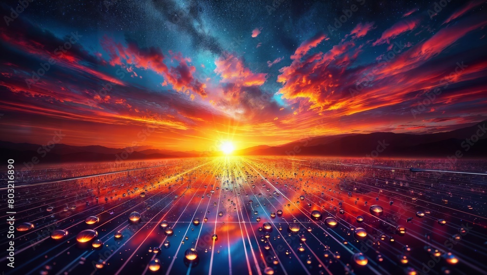 Breathtaking sunset landscape with dramatic fiery clouds, sun rays ...