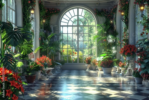 European style sunlit atrium with tropical plants and flowers photo