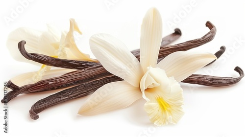 High-quality image of vanilla flowers and beans isolated on a white background.