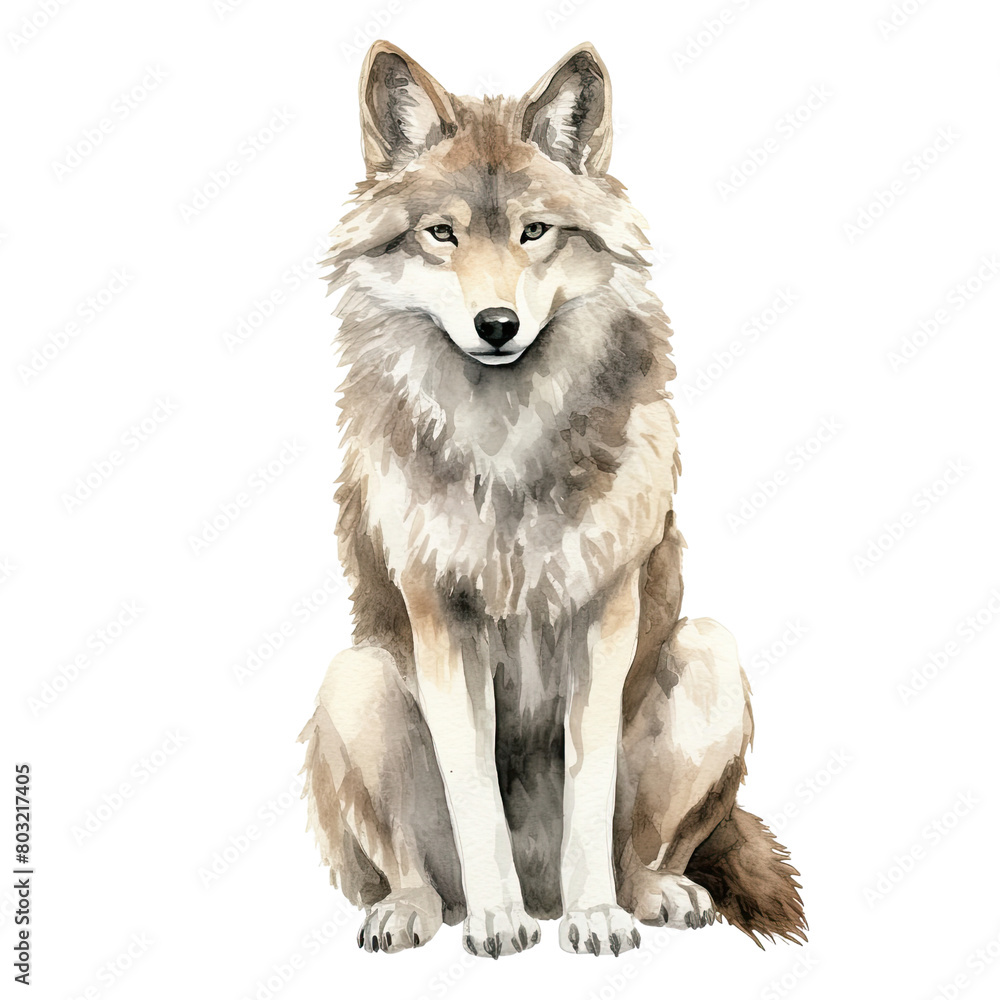 Fototapeta premium AI-Generated Watercolor sitting Gray Wolf Clip Art Illustration. Isolated elements on a white background.
