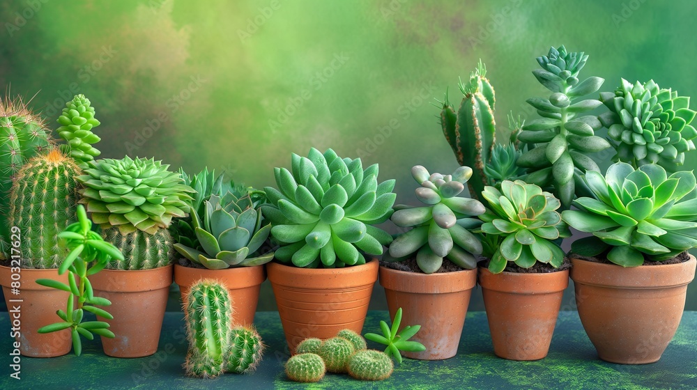 An arrangement of various green succulents and cacti in terracotta pots, set against a background of gradient greens.