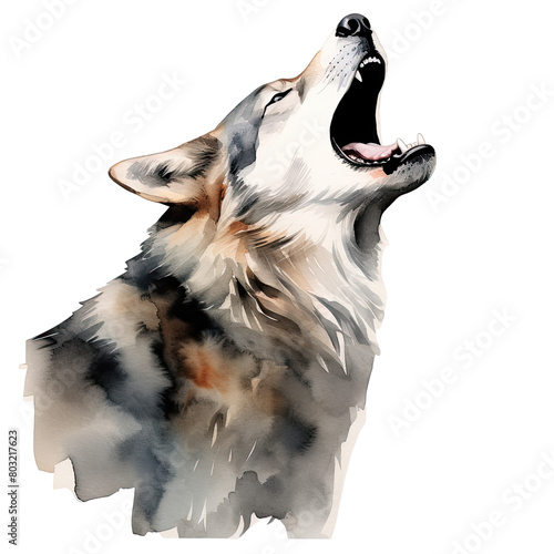 AI-Generated Watercolor Howling Wolf Head Clip Art Illustration. Isolated elements on a white background.