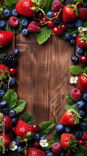 Assortment of fresh berries with leaves arranged on a wooden background, perfect for copy space. © Sergey