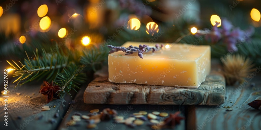 Close-up of handmade soap with lavender on a wooden table Close-up of handmade soap with lavender on a wooden table