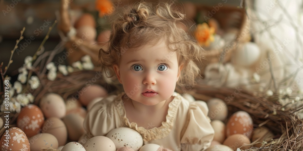 Portrait of a cute baby girl sitting in a nest of Easter eggs Portrait of a cute baby girl sitting in a nest of Easter eggs