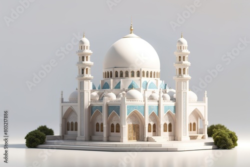 Celebration of islamic white mosque miniature 3d rendering in blank background